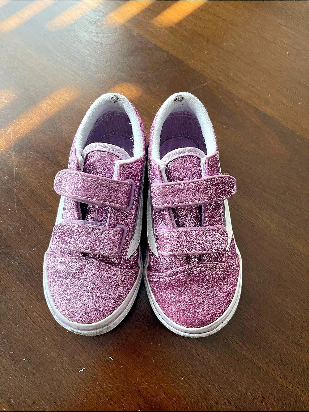 Vans Kids Glitter Old Skool V Pink & White Velcro Sneakers Girls US 12